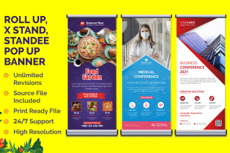 design creative roll up banner, pop up, retractable, x stand, standee banner