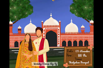 draw cute wedding invites and faceless couple,family portrait illustration
