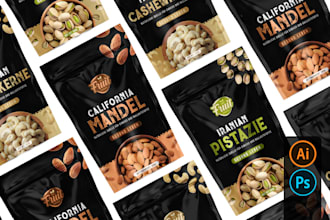 design label for pouch packaging, pouch label, food bag with 3d mockups