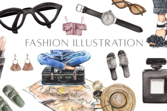 draw fashion illustration, clothes, accessories, cosmetic, make up