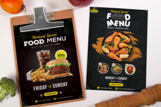 design restaurant menu, food flyer, brochure and menu board