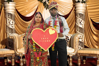create message on heart dressed like Indian BRIDE and groom on a wedding stage