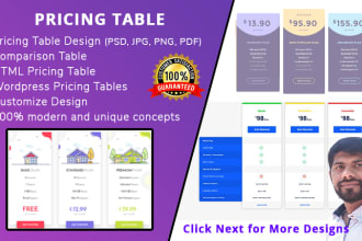 design HTML pricing table or price list design PSD, PDF