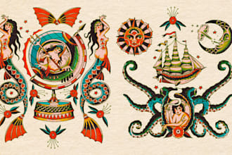 design line art traditional tattoo and tshirt design