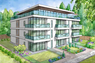 do exterior interior architectural sketches, watercolor rendering and concept