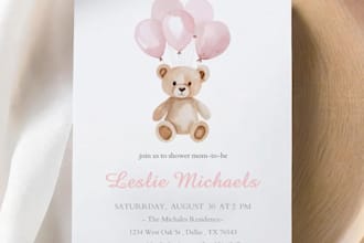 design pink teddy bear baby shower invitation printable