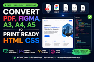 convert PDF, figma, a3 a4 a5 designs to print ready HTML CSS