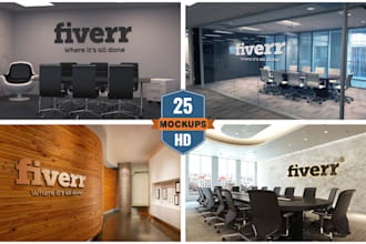 do 25 realistic office interior 3d logo mockups