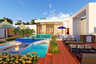 design any garden, backyard, front yard, pool, rooftop garden and render