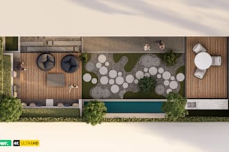 do landscape design and rendering of backyard, garden, patio
