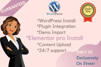 install wordpress and elementor pro, setup theme,demo import,do customize