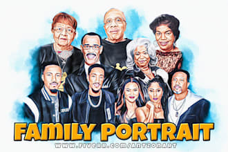 draw realistic family portrait , couple digital painting , oil paint photo