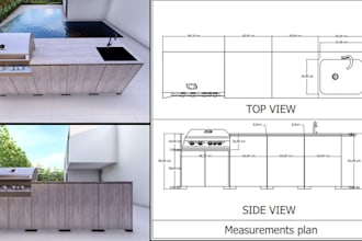 design your 3d outdoor kitchen with measurements plan and appliances, backyard