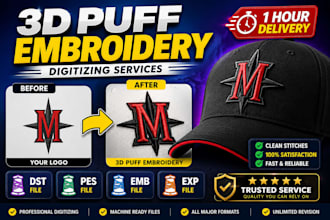 3d puff digitizing embroidery digitizing for caps in 1 hour