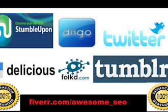 give 100+ Delicious, 100+ Stumbleupon, 35 Folkd, 20 Twitter, 20 Tumblr, 20 Diigo