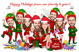 draw a christmas party caricature for friends and family