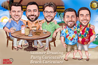 make a summer caricature, beach cartoon, or party caricature