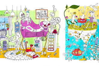 make a unique hand drawn cartoony illustration full of life