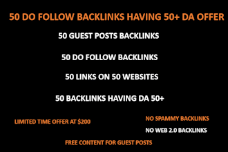 provide 50 seo guest post do follow backlinks on 50 websites having da 50 plus