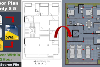 redraw 2d floor plan with furniture layout within 2hours