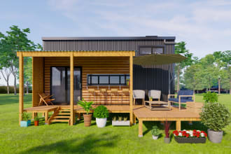 create 3d design of  tiny house, cabin or container house