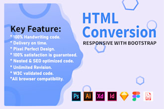 convert PSD to HTML responsive bootstrap, xd to html, sketch to html