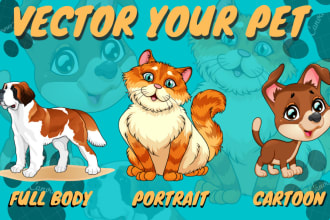 make pet portrait, realistic and cartoon illustration for dog cat animal