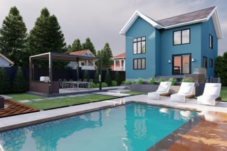 design a modern 3d landscape for your backyard garden house