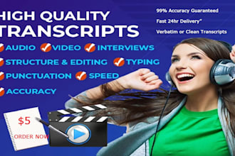 transcribe audio, video, podcasts, or webinars with timestamps and fast delivery