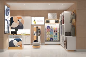 design airport lounge, kiosk in 2d and 3d