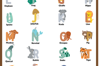 design abc poster with cute animals, flowers, and fruits