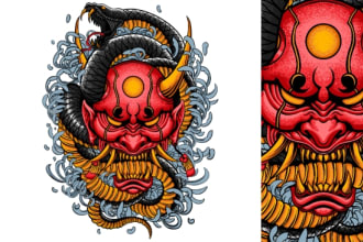 design hand draw oni mask logo ilustration