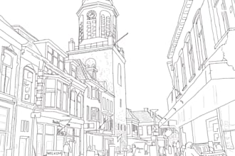 draw a line art landscape architecture in detail