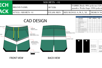 do fashion shorts tech pack flat sketch technical drawing  specs sheet