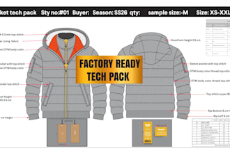 create clothing tech pack, technical drawing, size chart