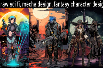 draw sci fi , cyberpunk , mecha, fantasy character design