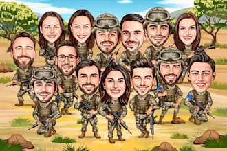 draw a military group caricature or army cartoon caricature