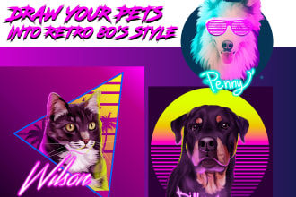 draw your pets into  80s retrowave syntwave vaporwave