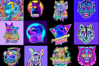 draw your pets into  80s retrowave syntwave vaporwave