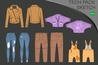 design fashion flat sketch, technical sketch, and tech pack