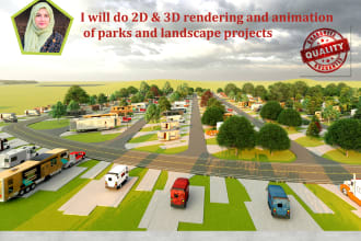 render 3d rv park, resort, garden, playground, and patio
