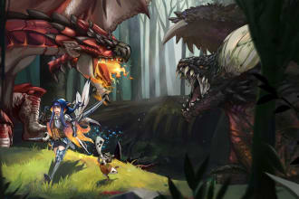 create a monster hunter or dragon illustration and logo