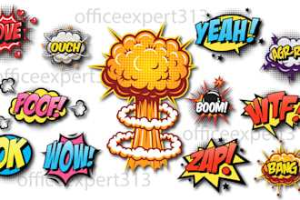 design comic logo, comic text, slogan, cartoon words and pop art