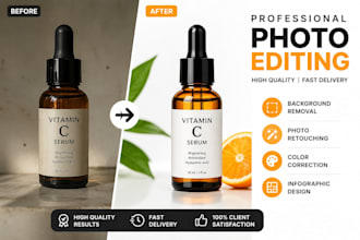 do product photo editing, retouching, background removal, and infographic design