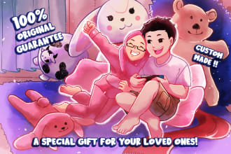 draw you cute kawai couple, family, pet and wedding anime chibi art