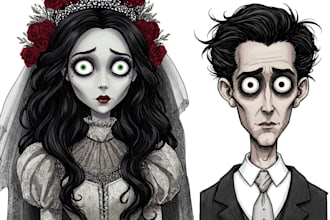 do unique and spooky character portraits in tim burton style