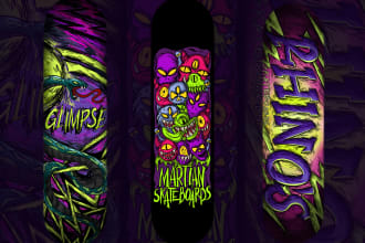 do custom unique cartoon, dark art design for skateboard deck, tshirt, merch