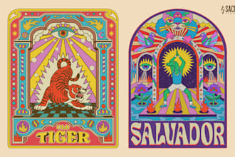 draw a unique psychedelic retro vintage illustration