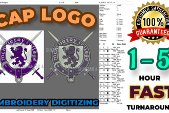 pro embroidery digitizing logo for caps in 2 to 6 hours