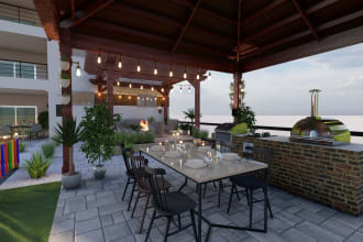 create a 3d outdoor kitchen , deck , porch , gazebo , garden